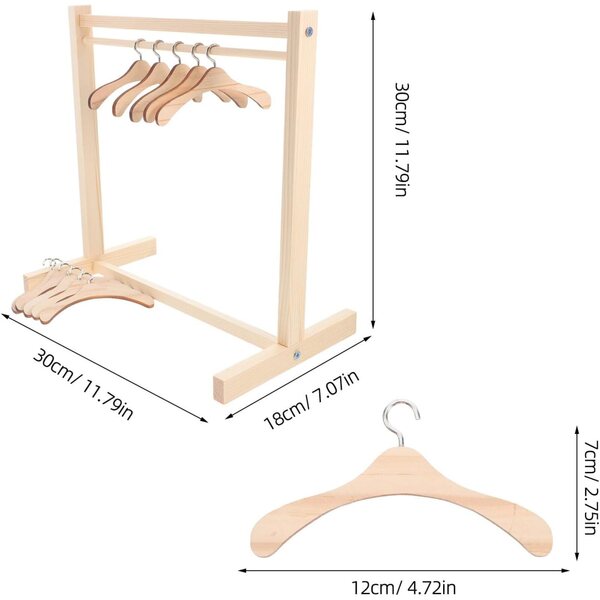 ERINGOGO Kleiderständer-Set aus Holz für Puppen mit 10 rutschfesten Mini-Kleiderbügeln 30 cm
