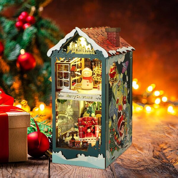 Kit Natale Book Nook in Legno e Carta, Miniatura Decorativa per Interni 18,5x13x27,5cm