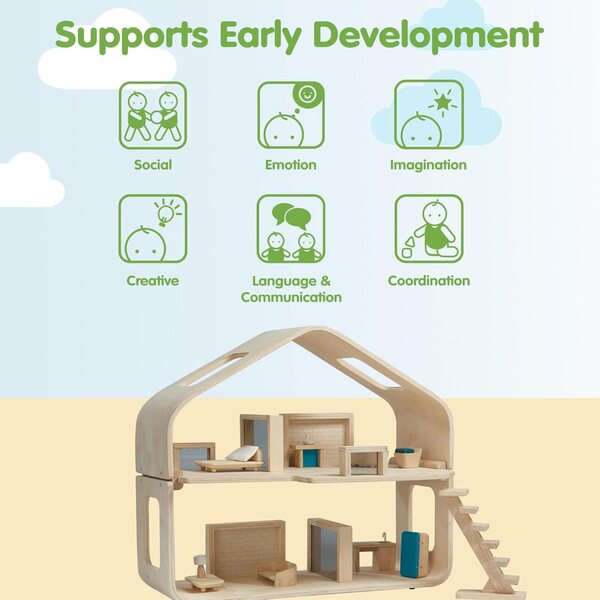 PlanToys Casa delle Bambole in Legno Sostenibile per Bambini da 3 Anni