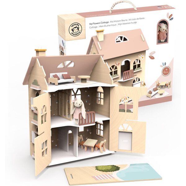 Speedy Monkey Flowers Cottage: Set casa delle bambole in legno colorato con mobili FSC per bambini