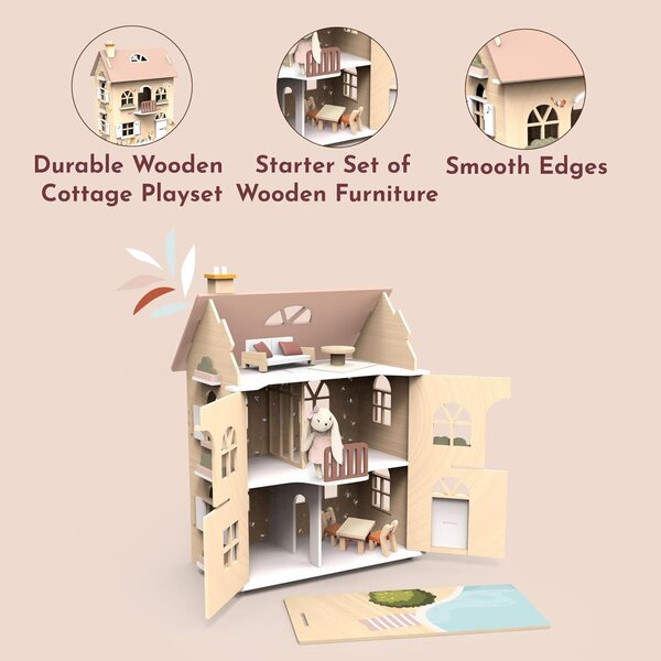 Speedy Monkey Flowers Cottage: Set casa delle bambole in legno colorato con mobili FSC per bambini