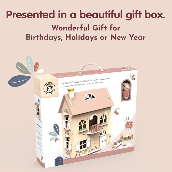 Speedy Monkey Flowers Cottage: Set casa delle bambole in legno colorato con mobili FSC per bambini