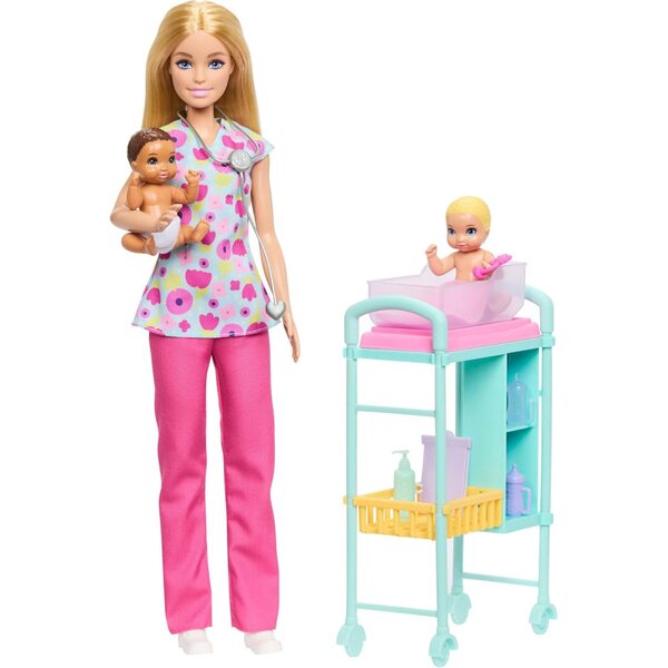Barbie-Kinderarzt-Spielset mit Puppe in OP-Kleidung, 2 Puppen und Zubehör