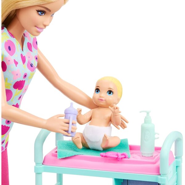 Barbie-Kinderarzt-Spielset mit Puppe in OP-Kleidung, 2 Puppen und Zubehör