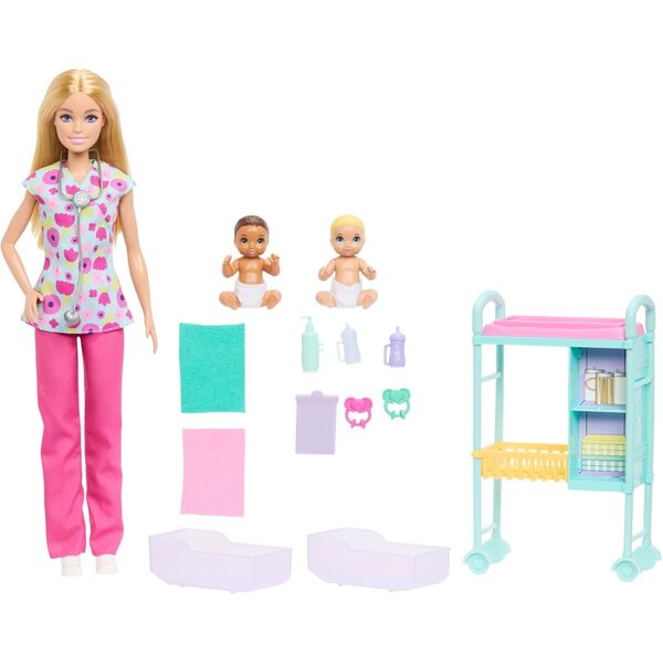 Barbie-Kinderarzt-Spielset mit Puppe in OP-Kleidung, 2 Puppen und Zubehör