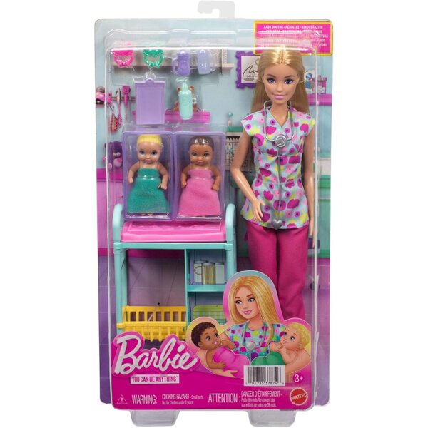Barbie-Kinderarzt-Spielset mit Puppe in OP-Kleidung, 2 Puppen und Zubehör
