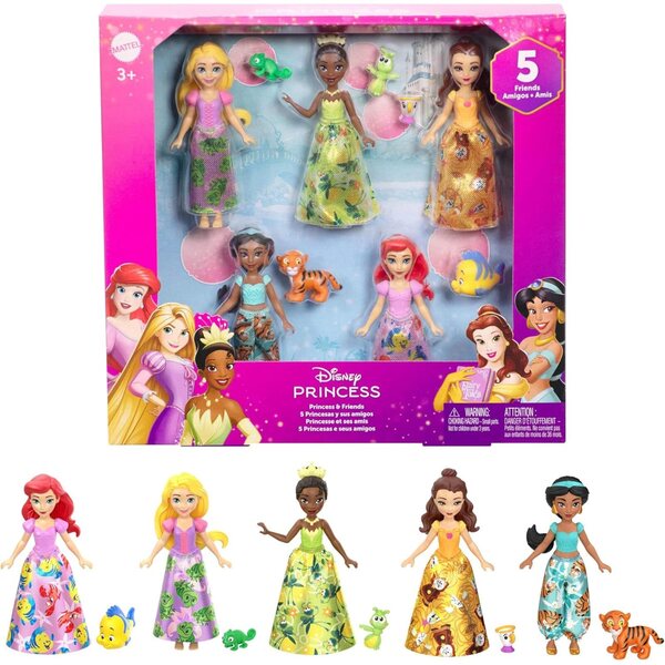 Disney Princess Set bestehend aus 5 mobilen Puppen mit abnehmbarer Kleidung und 5 Freundfiguren