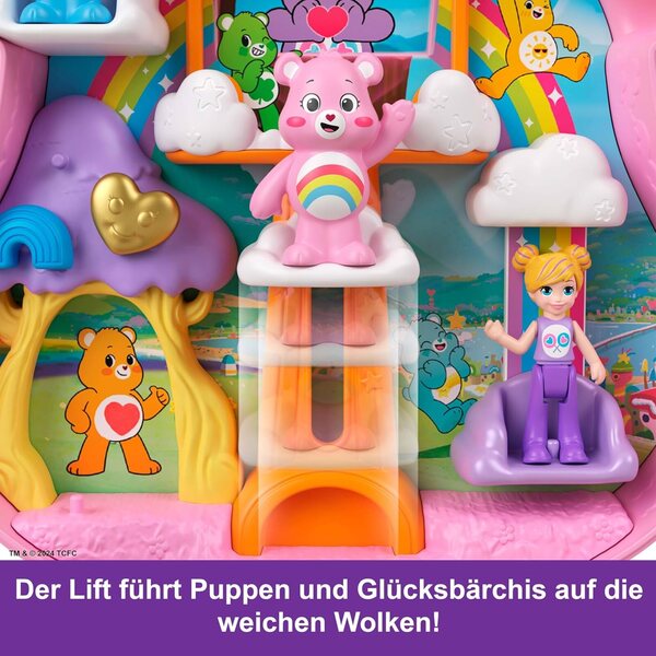 Polly Pocket x Glücksbärchi: Set mit Puppen, Spielzeugautos und thematischem Zubehör