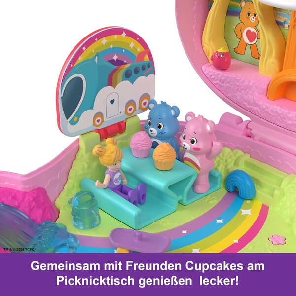 Polly Pocket x Glücksbärchi: Set mit Puppen, Spielzeugautos und thematischem Zubehör