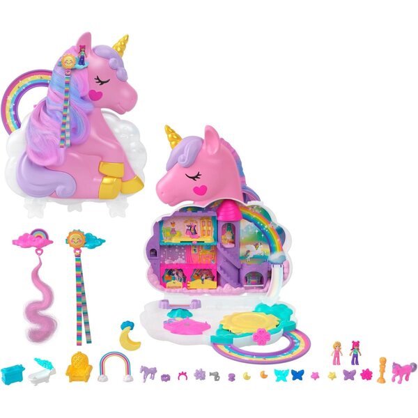 Polly Pocket Regenbogen-Einhorn-Friseurkopf mit 2 Puppen und über 25 Accessoires