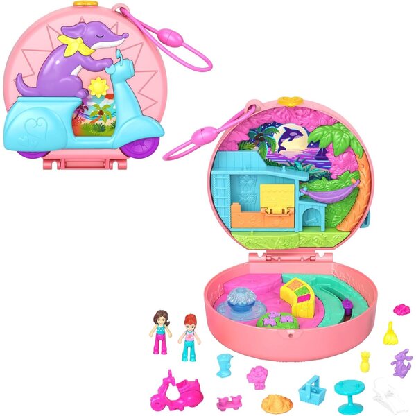 Polly Pocket Adventure Moped-Schatulle mit 2 Puppen und Zubehör für Reisespiele