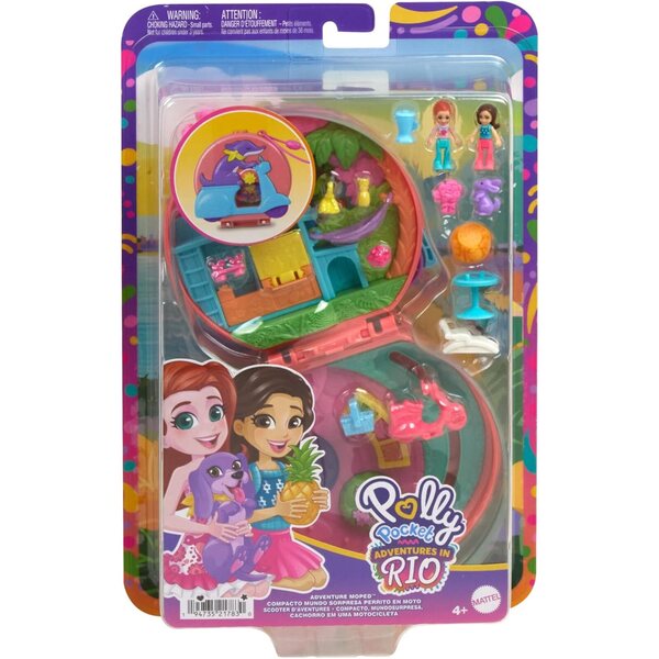 Polly Pocket Adventure Moped-Schatulle mit 2 Puppen und Zubehör für Reisespiele