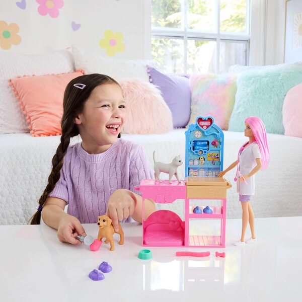 Barbie Tierkrankenstation Spielset mit mehr als 10 Zubehörteilen und rosa Puppe