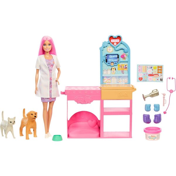 Barbie Tierkrankenstation Spielset mit mehr als 10 Zubehörteilen und rosa Puppe