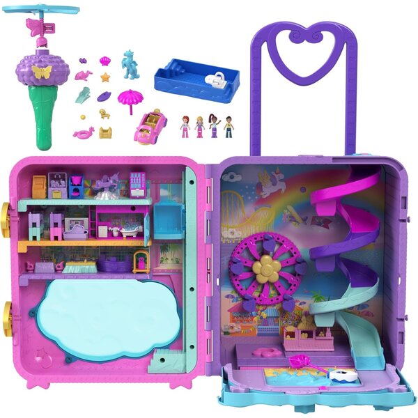 Polly Pocket Pollyville Urlaub im Rollkoffer mit 4 Puppen, 25+ Accessoires und 3-stöckigem Hotel