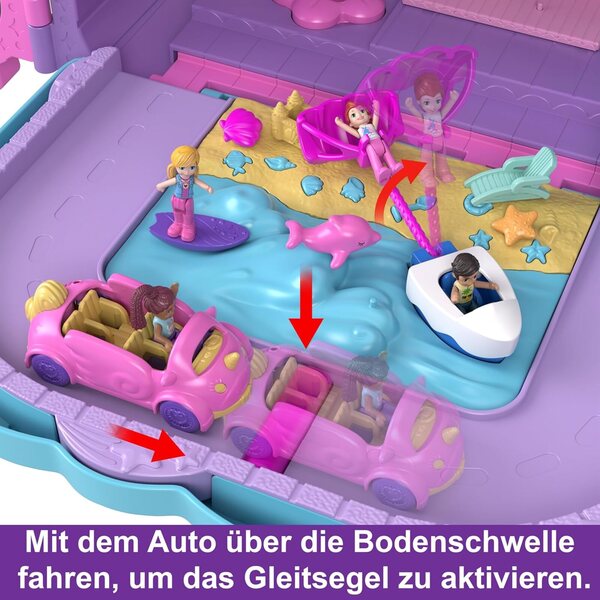 Polly Pocket Pollyville Urlaub im Rollkoffer mit 4 Puppen, 25+ Accessoires und 3-stöckigem Hotel