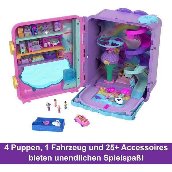 Polly Pocket Pollyville Urlaub im Rollkoffer mit 4 Puppen, 25+ Accessoires und 3-stöckigem Hotel