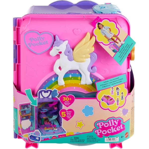 Polly Pocket Pollyville Urlaub im Rollkoffer mit 4 Puppen, 25+ Accessoires und 3-stöckigem Hotel