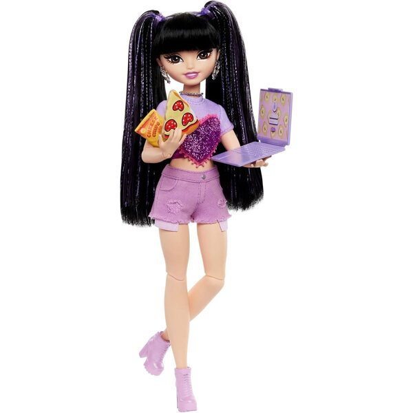Barbie Dream Besties Renee mit Zubehör zum Thema Video und Essen, gewellte Puppe mit langen schwarzen Haaren