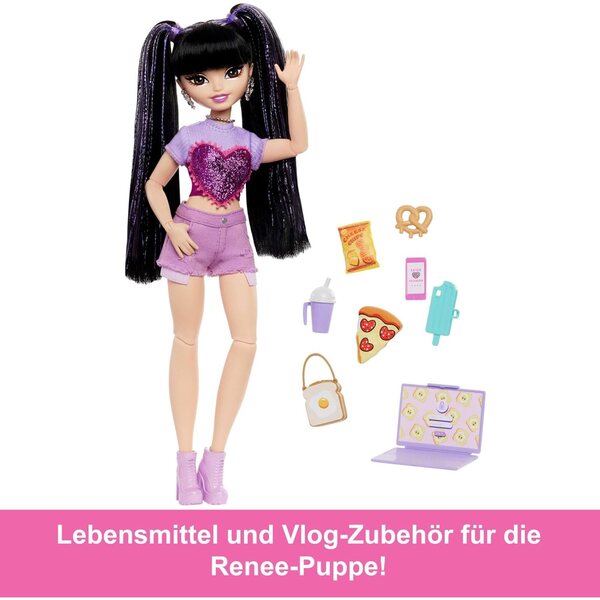 Barbie Dream Besties Renee mit Zubehör zum Thema Video und Essen, gewellte Puppe mit langen schwarzen Haaren