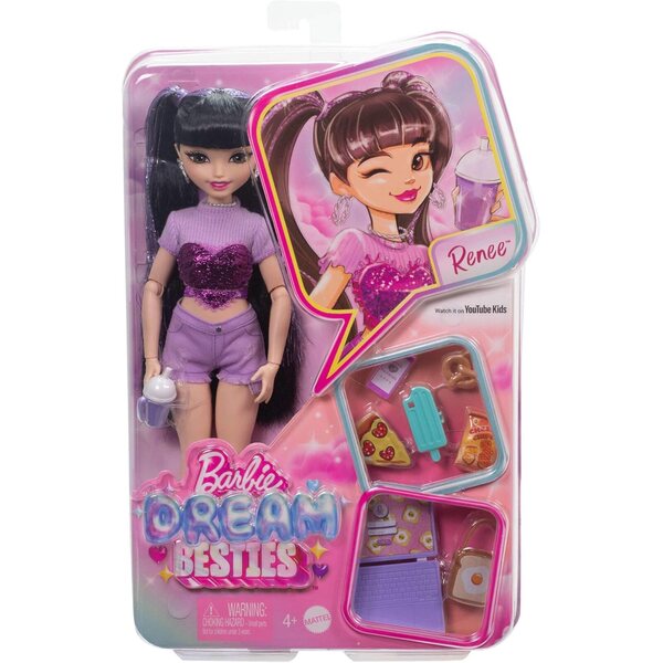 Barbie Dream Besties Renee mit Zubehör zum Thema Video und Essen, gewellte Puppe mit langen schwarzen Haaren