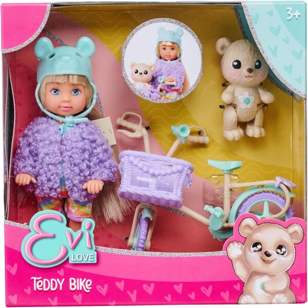 Evi Love Teddy-Fahrradspielzeug mit 12 cm großer Puppe, weicher Jacke, Fahrrad und Teddy