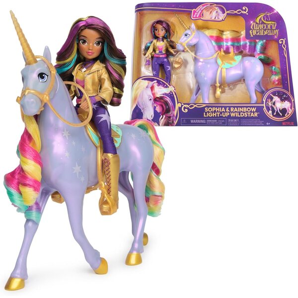 Unicorn Academy Set Sophia und Wildstar mit Lichtern und Musik, Knöchelidepuppe 24 cm und Einhorn 28 cm