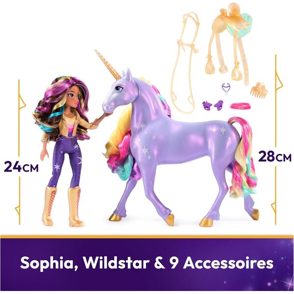 Unicorn Academy Set Sophia und Wildstar mit Lichtern und Musik, Knöchelidepuppe 24 cm und Einhorn 28 cm