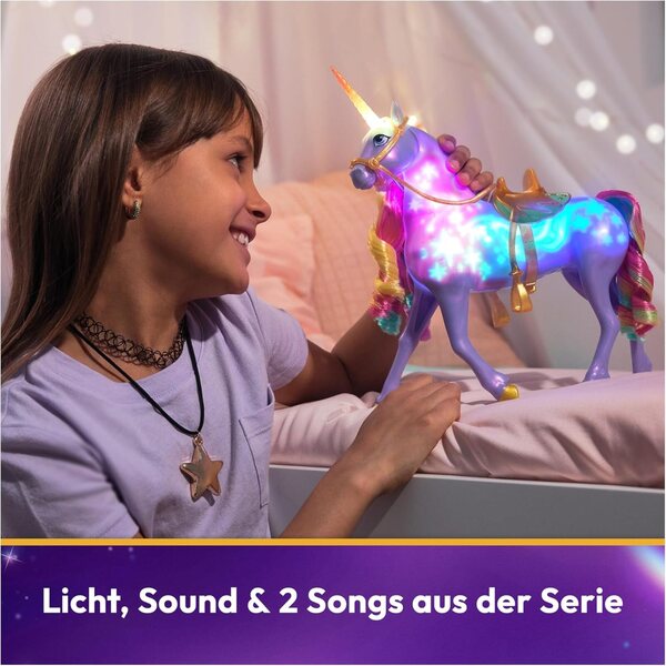 Unicorn Academy Set Sophia und Wildstar mit Lichtern und Musik, Knöchelidepuppe 24 cm und Einhorn 28 cm