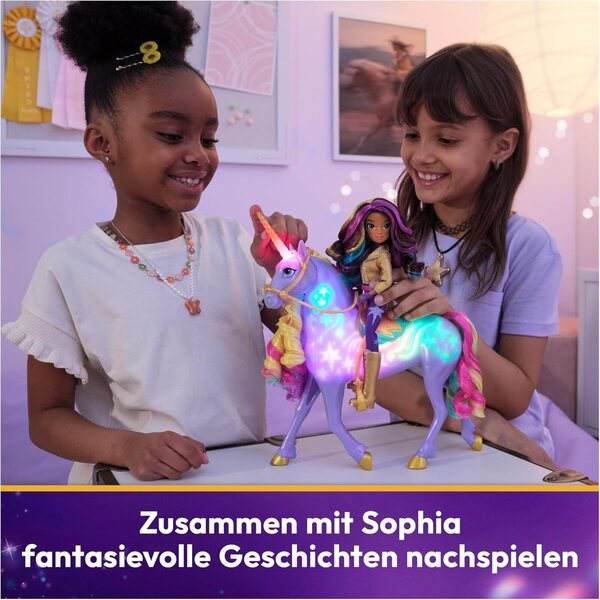 Unicorn Academy Set Sophia und Wildstar mit Lichtern und Musik, Knöchelidepuppe 24 cm und Einhorn 28 cm