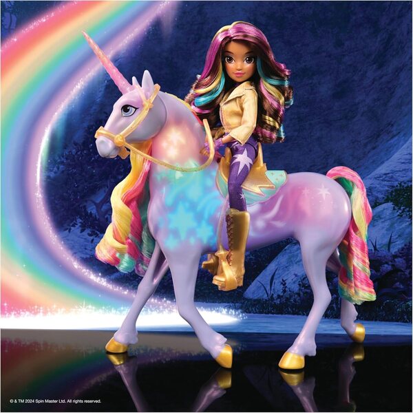 Unicorn Academy Set Sophia und Wildstar mit Lichtern und Musik, Knöchelidepuppe 24 cm und Einhorn 28 cm