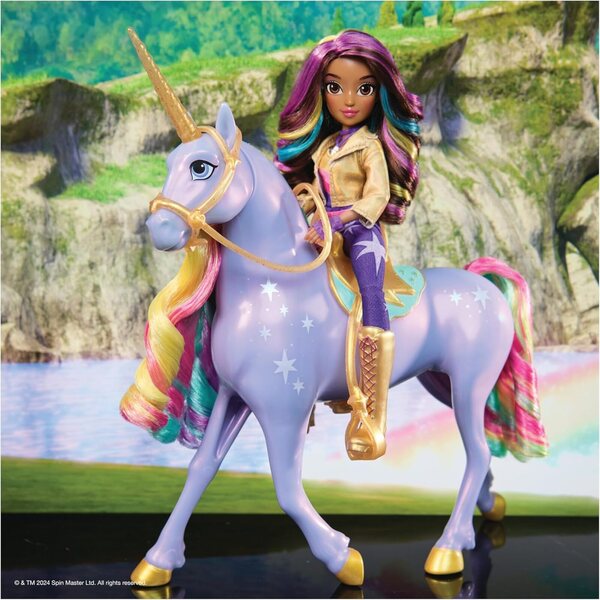 Unicorn Academy Set Sophia und Wildstar mit Lichtern und Musik, Knöchelidepuppe 24 cm und Einhorn 28 cm