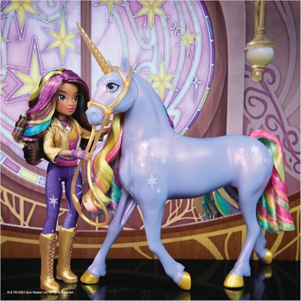 Unicorn Academy Set Sophia und Wildstar mit Lichtern und Musik, Knöchelidepuppe 24 cm und Einhorn 28 cm