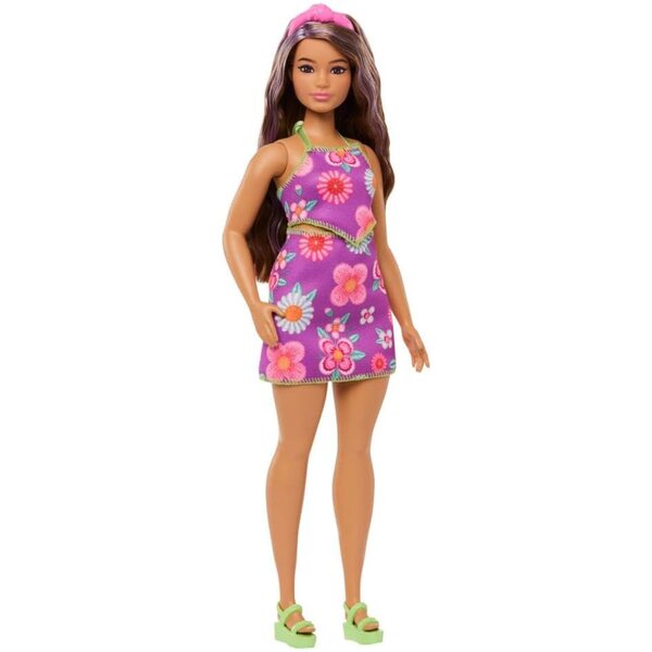 Barbie Fashionistas Babe mit braunem Haar und lila Strähnen im trendigen Blumenoutfit