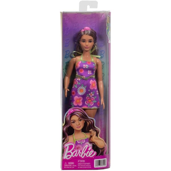 Barbie Fashionistas Babe mit braunem Haar und lila Strähnen im trendigen Blumenoutfit
