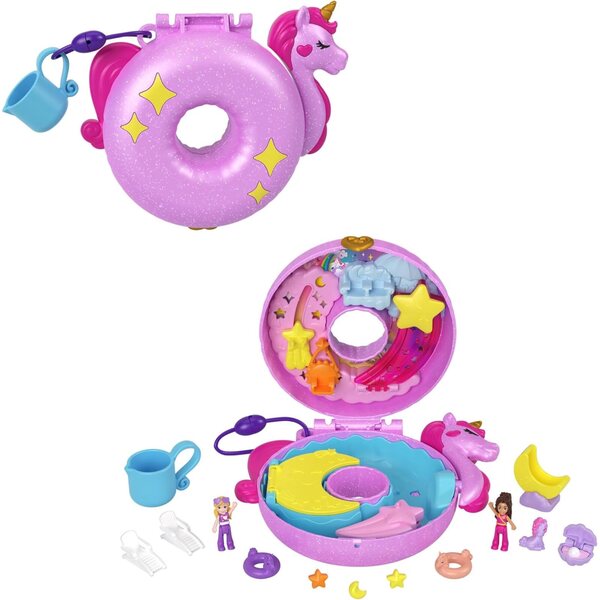 Polly Pocket Einhornfloß-Schatulle mit 12 Accessoires und magischen Wasserspielzeugen