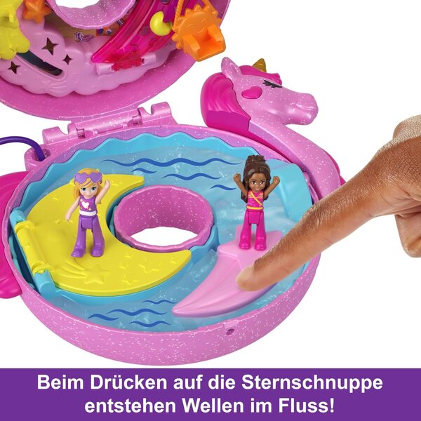 Polly Pocket Einhornfloß-Schatulle mit 12 Accessoires und magischen Wasserspielzeugen