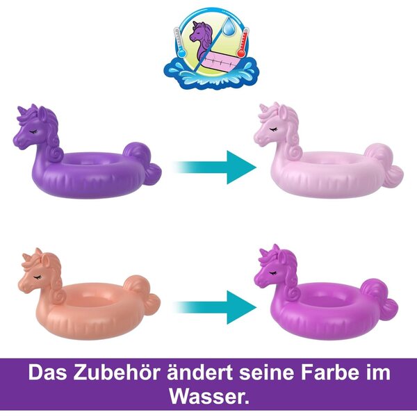 Polly Pocket Einhornfloß-Schatulle mit 12 Accessoires und magischen Wasserspielzeugen