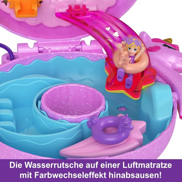 Polly Pocket Einhornfloß-Schatulle mit 12 Accessoires und magischen Wasserspielzeugen