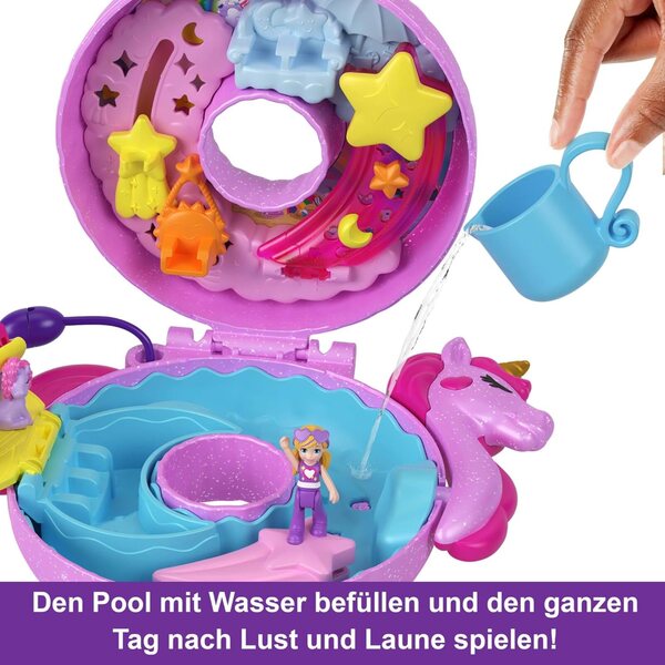 Polly Pocket Einhornfloß-Schatulle mit 12 Accessoires und magischen Wasserspielzeugen