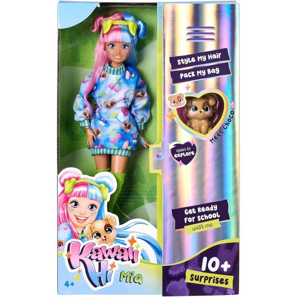 Simba Kawaii Hi Mia Puppe 26 cm con capelli lunghi, cane e accessori per bambini