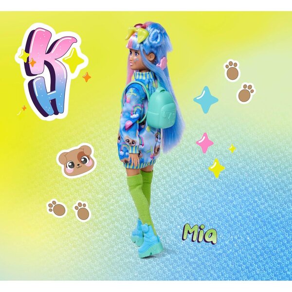 Simba Kawaii Hi Mia Puppe 26 cm con capelli lunghi, cane e accessori per bambini