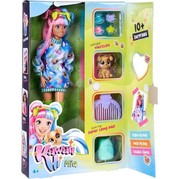 Simba Kawaii Hi Mia Puppe 26 cm con capelli lunghi, cane e accessori per bambini