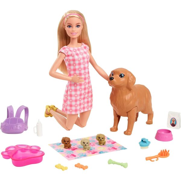 Barbie Newborn Pups Spielset mit 3 Welpen und Zubehör für Kinder ab 3 Jahren