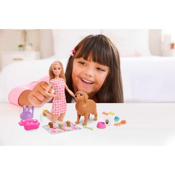 Barbie Newborn Pups Spielset mit 3 Welpen und Zubehör für Kinder ab 3 Jahren