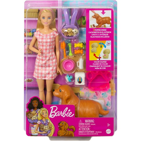 Barbie Newborn Pups Spielset mit 3 Welpen und Zubehör für Kinder ab 3 Jahren