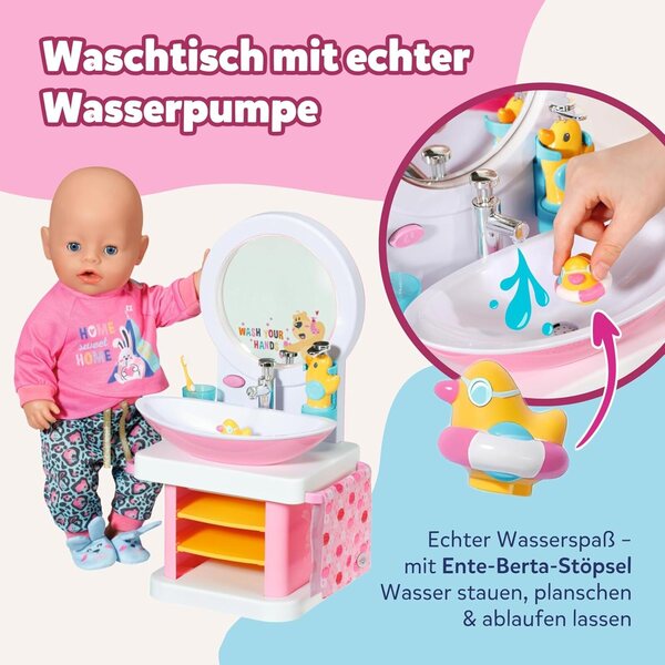 BABY Born Waschtisch interaktiv mit Licht, Geräuschen und Zubehör inklusive für Puppen 36-43 cm