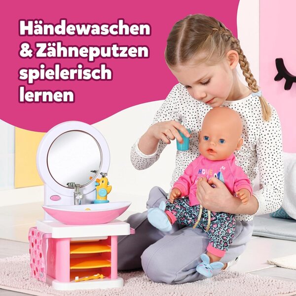 BABY Born Waschtisch interaktiv mit Licht, Geräuschen und Zubehör inklusive für Puppen 36-43 cm
