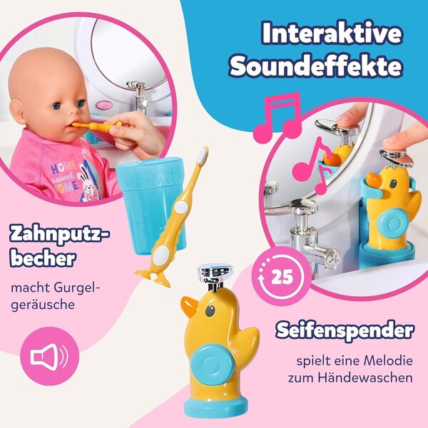 BABY Born Waschtisch interaktiv mit Licht, Geräuschen und Zubehör inklusive für Puppen 36-43 cm