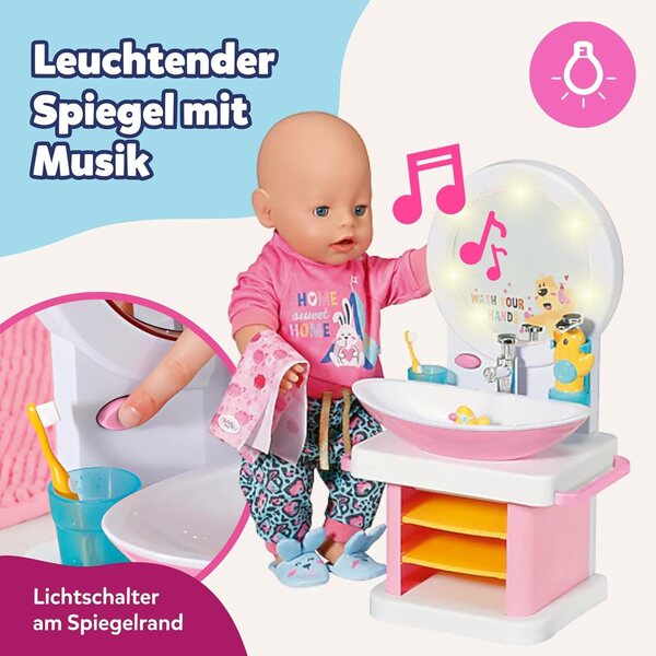 BABY Born Waschtisch interaktiv mit Licht, Geräuschen und Zubehör inklusive für Puppen 36-43 cm